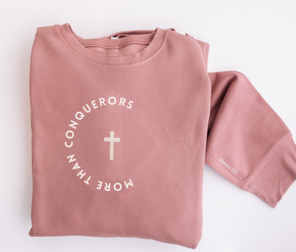 More Than Conquerors Pullover Sweatshirt in Mauve